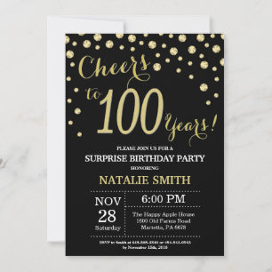 Convites Surpresa Aniversário de 100 anos Preto e Dourado D