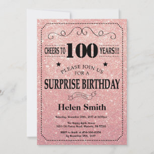 Convites Surpresa Aniversário de 100 anos Rosa Dourado Bril