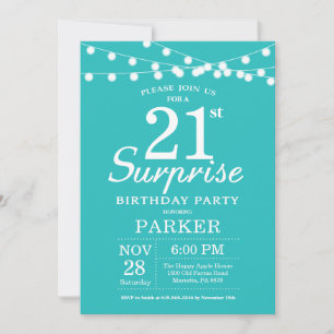 Convites Surpresa Aniversário de 21 anos Azul Turquesa