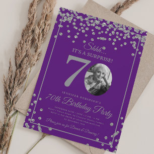 Convites SURPRESA Aniversário de 70 anos Confete Prata Roxo