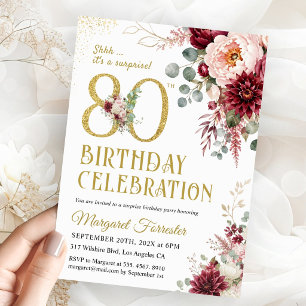Convites Surpresa Aniversário de 80 anos Burgundy Dourado R