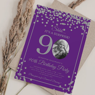 Convites SURPRESA Aniversário de 90 anos Confete Prata Roxo