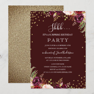 Convites Surpresa Aniversário Dourado Confetti Burgundy Flo
