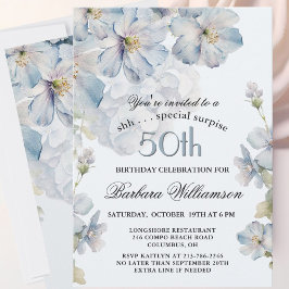 Convites SURPRESA Azul Floral Elegante 50º Aniversário