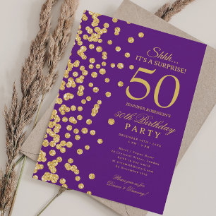 Convites Surpresa Brilho Dourado 50º Aniversário Roxo