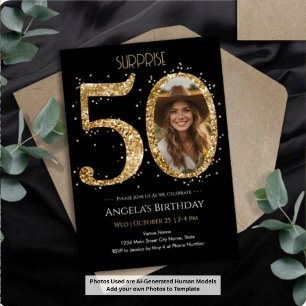 Convites Surpresa Brilho Dourado Aniversário de 50 anos Fot