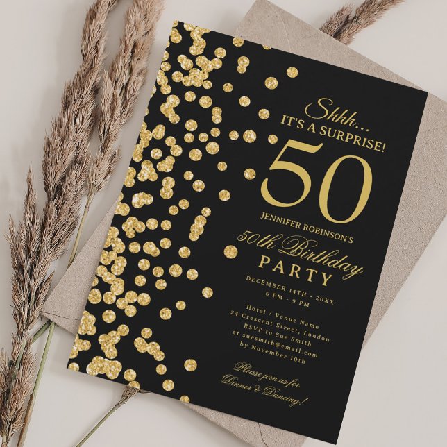 Convites Surpresa Brilho Dourado Aniversário de 50 anos Pre (Gold Glitter Surprise 50th Birthday Black Invitation)