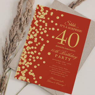 Convites Surpresa Brilho Dourado Festa de 40 Anos Vermelho