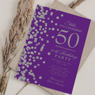 Convites Surpresa Brilho Prata 50º Aniversário Roxo