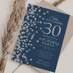 Convites Surpresa Brilho Prata Aniversário de 30 anos Azul-