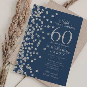 Convites Surpresa Brilho Prata Aniversário de 60 anos Azul