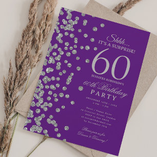 Convites Surpresa Brilho Prata Aniversário de 60 anos Roxo