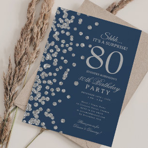 Convites Surpresa Brilho Prata Aniversário de 80 anos Azul-