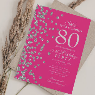 Convites Surpresa Brilho Prata Aniversário de 80 anos Rosa