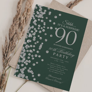 Convites Surpresa Brilho Prata Aniversário de 90 anos Verd