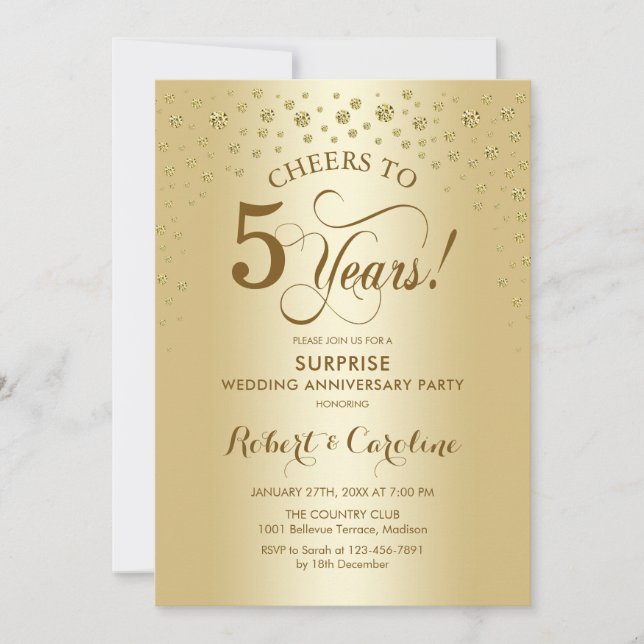 Convites Surpresa Celebração de 5º Aniversário Dourado (Frente)
