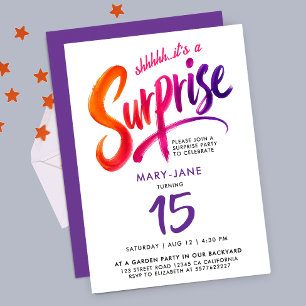 Convites Surpresa Colorida Moderna Script 15º Aniversário A
