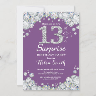 Convites Surpresa de 13º Aniversário Roxo e Prata Diamante