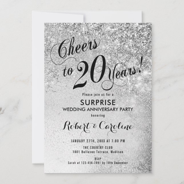 Convites Surpresa de 20º Aniversário de Casamento - Prata (Frente)