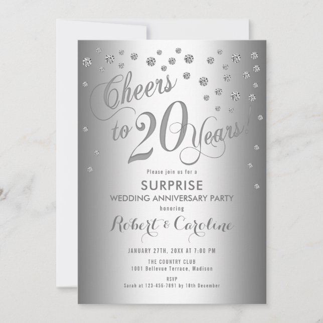 Convites Surpresa de 20º Aniversário de Casamento - Prata (Frente)