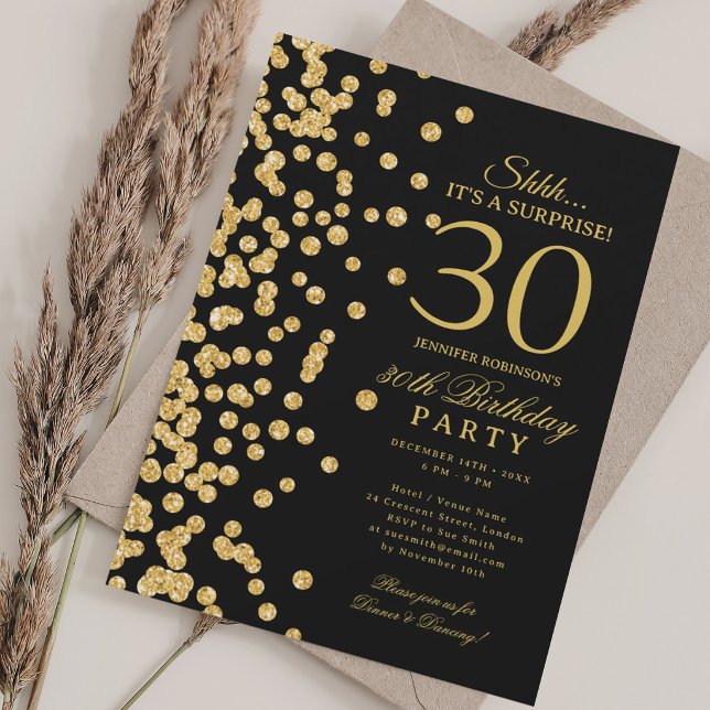 Convites Surpresa de 30º Aniversário com Brilho Dourado Pre (Gold Glitter Surprise 30th Birthday Black Invitation)
