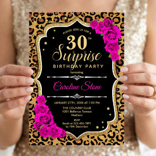 Convites Surpresa de 30º Aniversário - Preto Dourado Rosa L