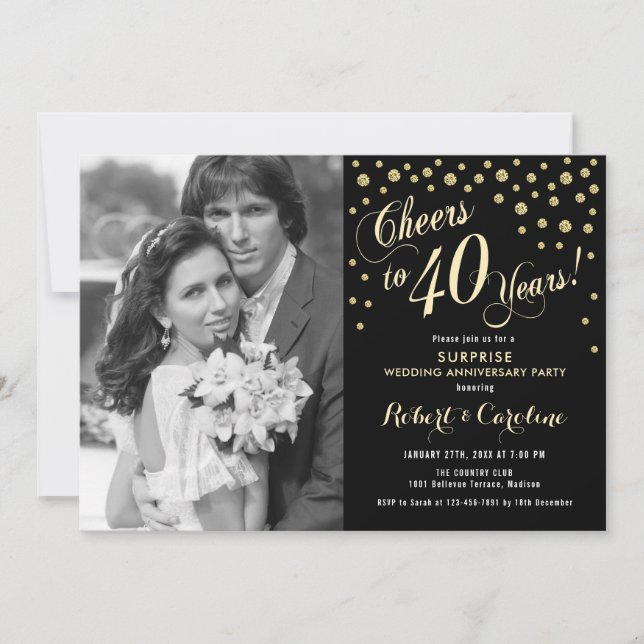 Convites Surpresa de 40º Aniversário com Foto - Dourado Pre (Frente)