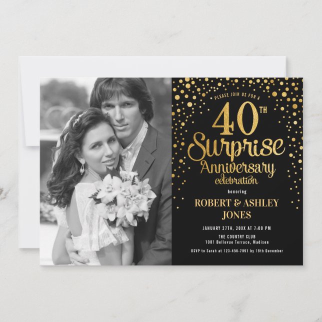 Convites Surpresa de 40º Aniversário com Foto - Dourado Pre (Frente)