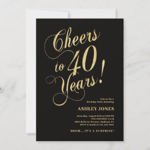 Convites Surpresa de 40º Aniversário Elegante Dourado Preto
