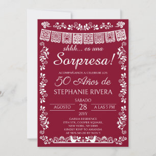 Convites Surpresa de 50º Aniversário Burgundy Papel Picado