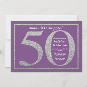 Convites Surpresa de 50 Aniversário Roxo e Prata Brilhante