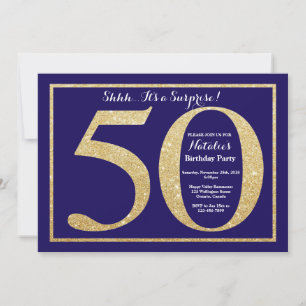 Convites Surpresa de 50 Anos de Idade Azul Marinho e Brilho