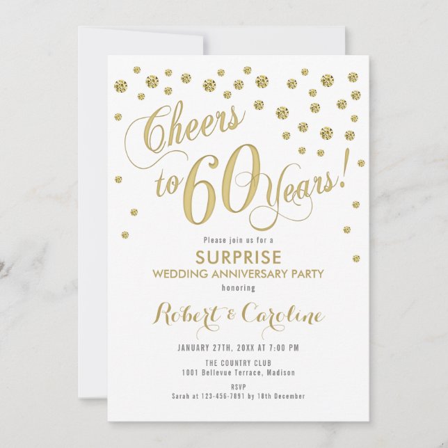 Convites Surpresa de 60º Aniversário de Casamento - Branco  (Frente)