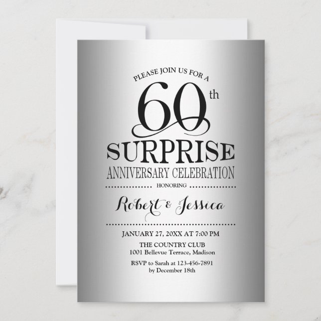 Convites Surpresa de 60º Aniversário de Casamento - Prata (Frente)