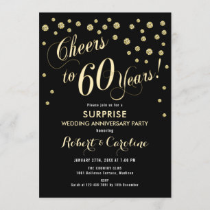 Convites Surpresa de 60º Aniversário de Casamento - Preto e