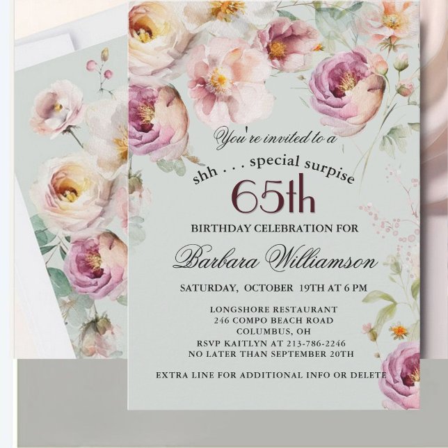Convites Surpresa de 65 Anos com Flores Pintadas Elegantes (Criador carregado)