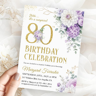 Convites Surpresa de 80º Aniversário com Flores Roxas e Bri