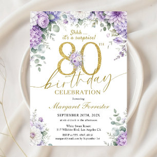 Convites Surpresa de 80º Aniversário Dourado Roxo Floral El