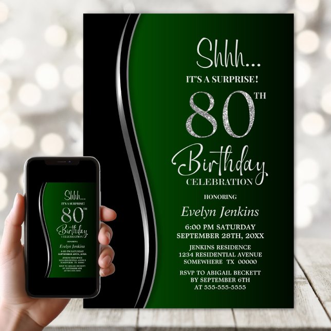 Convites Surpresa de 80º Aniversário Preto e Verde (Criador carregado)
