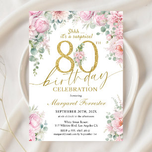 Convites Surpresa de 80 Anos de Idade Bege Dourado Floral E