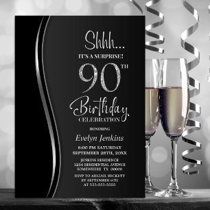 Convites Surpresa de 90º Aniversário Preto e Prata