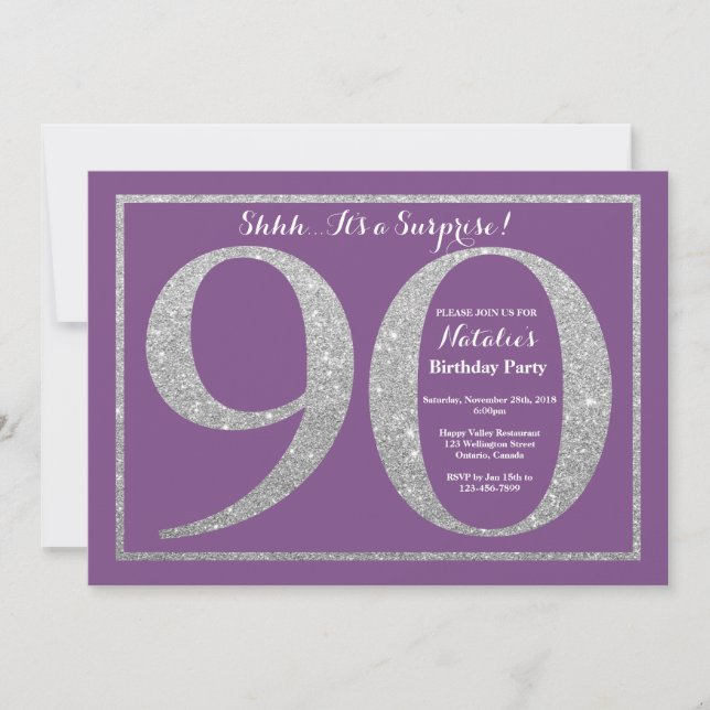 Convites Surpresa de 90 Anos Roxo e Brilho Prata (Frente)