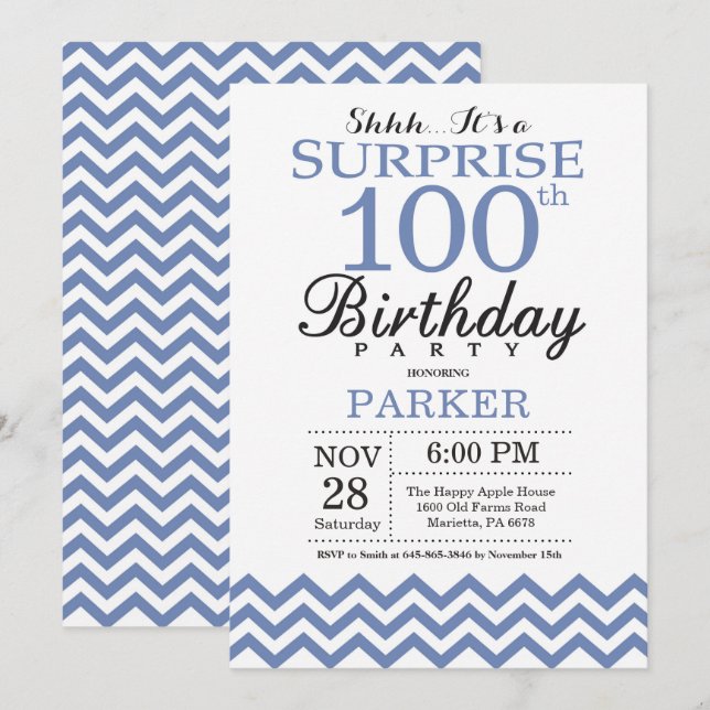 Convites Surpresa de Aniversário de 100 anos com Chevron Az (Frente/Verso)