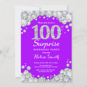 Convites Surpresa de Aniversário de 100 anos Roxo e Diamant