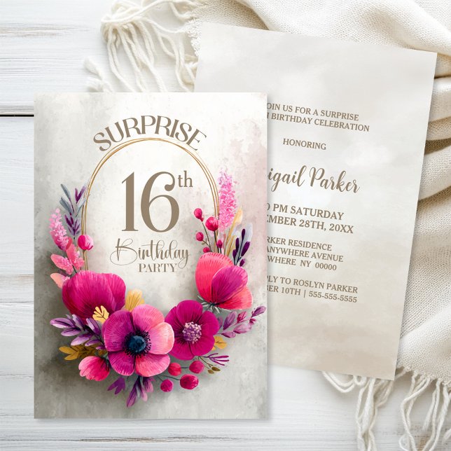 Convites Surpresa de Aniversário de 16 Anos com Flores Rosa (Criador carregado)