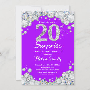 Convites Surpresa de Aniversário de 20 anos Roxo e Diamante