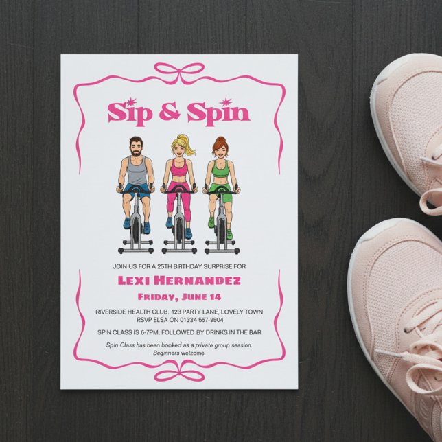 Convites Surpresa de Aniversário de 25 anos do Sip & Spin F (Sip & Spin fun birthday invitation with spin class and after party)