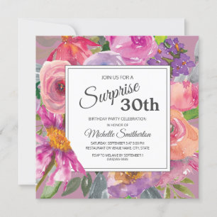 Convites Surpresa de Aniversário de 30 anos Floral Rosa Rox