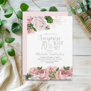 Convites Surpresa de Aniversário de 70 anos Rosa Bege Flora