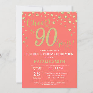 Convites Surpresa de Aniversário de 90 anos Coral e Ouro Di